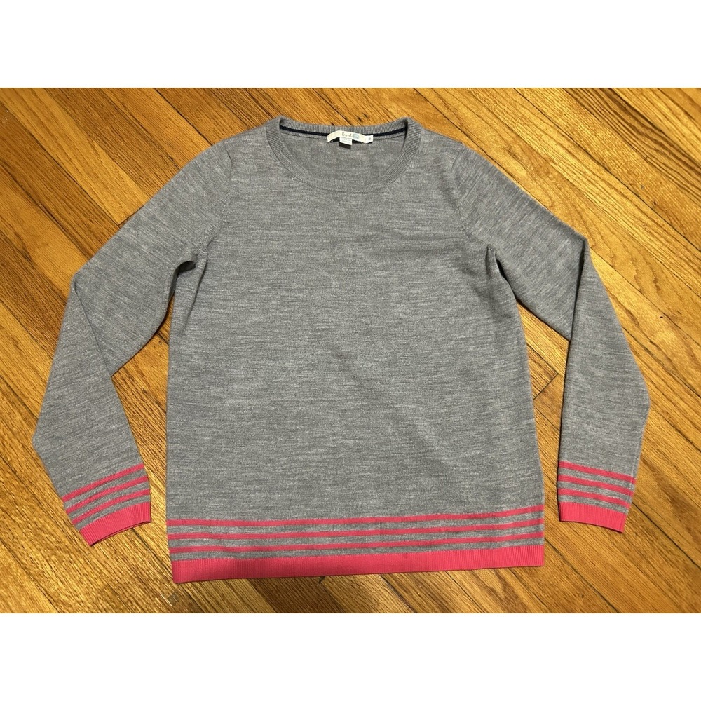 Boden Button Back Sweater Size M Gray Pink Stripe 90% Wool Knit Top